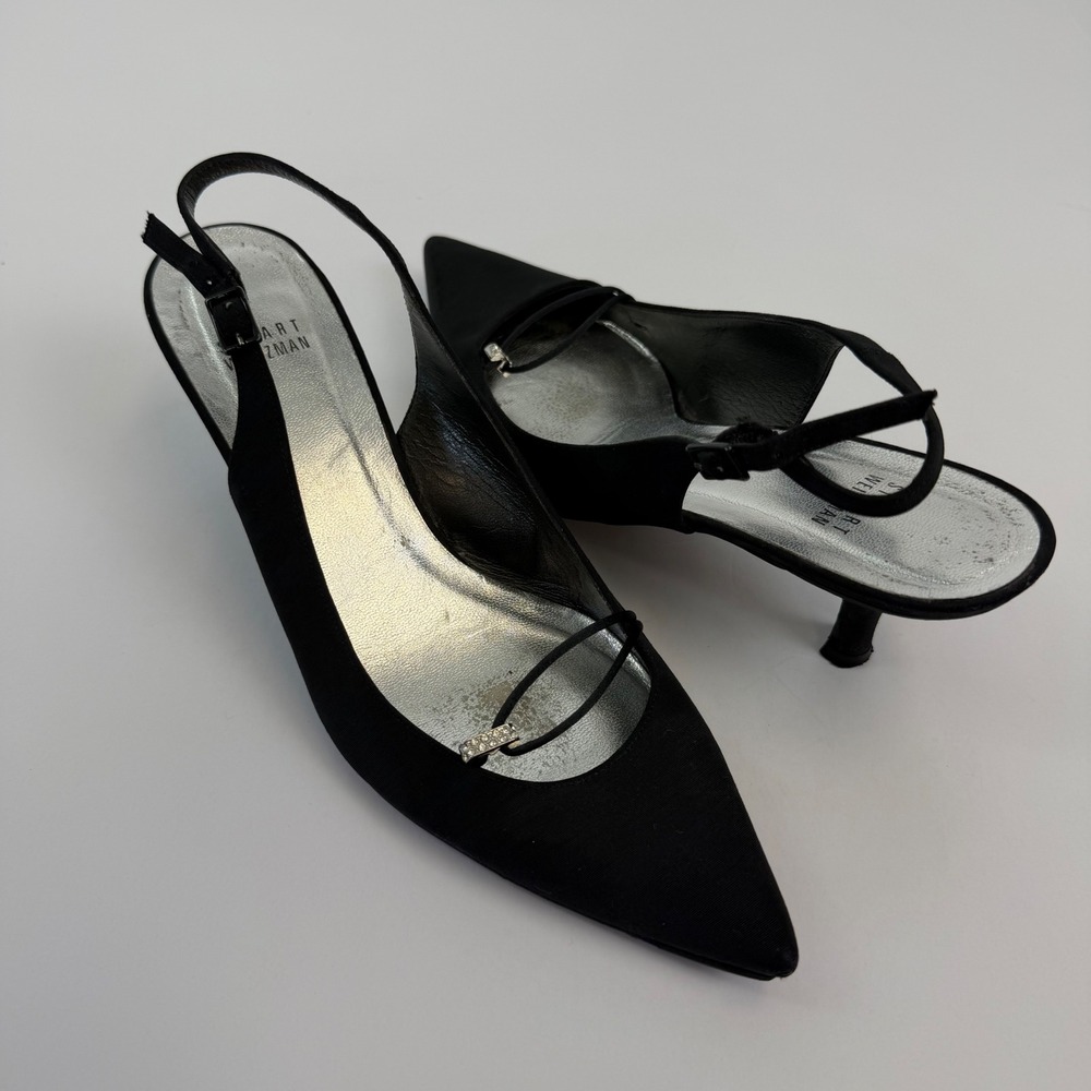 Stuart Weitzman Black Fabric Slingback Kitten Heels Pointed Toe Rhinestone Sz 9